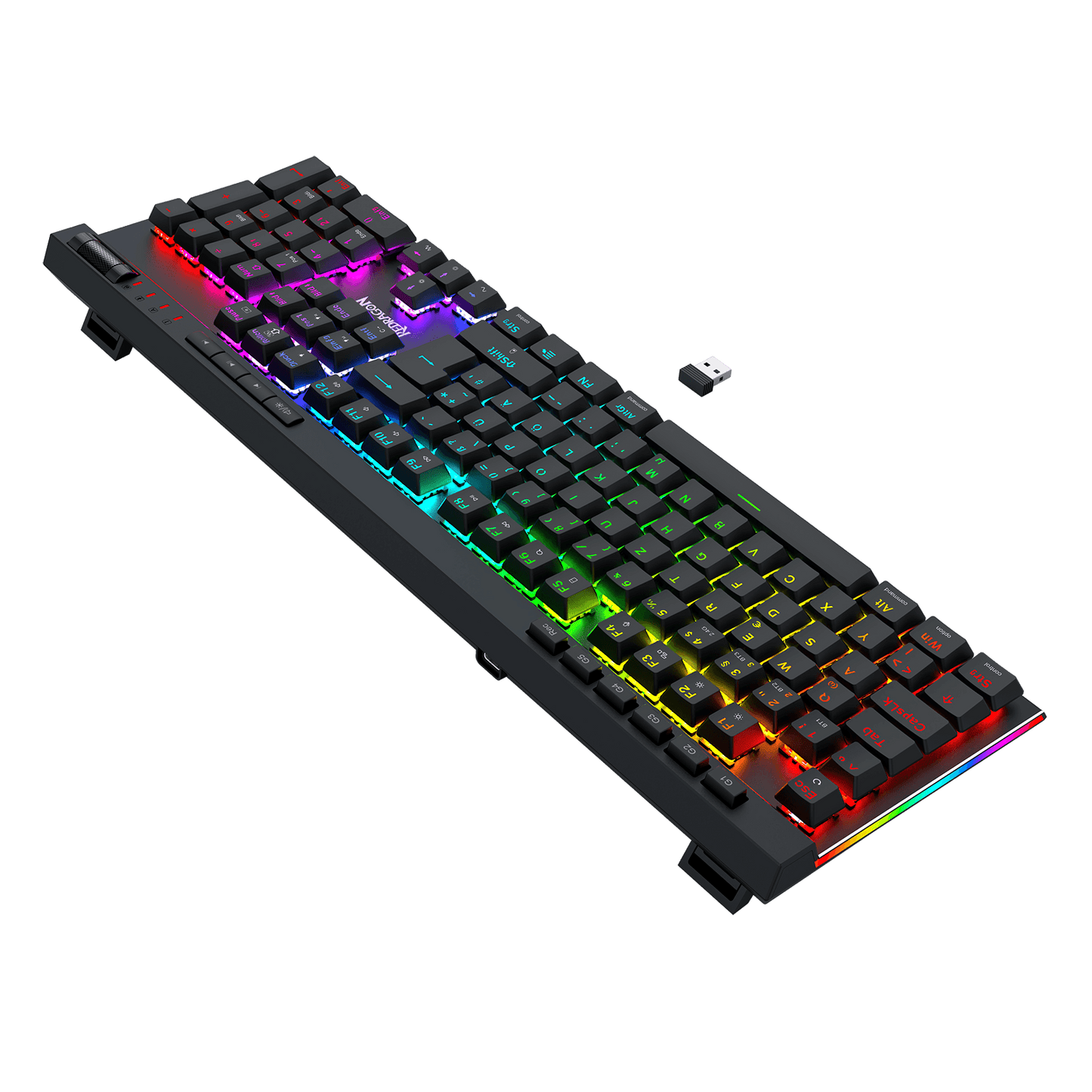 Eine mechanische Gaming-Tastatur in Standardgröße mit schwarzen Tastenkappen und lebhafter RGB-Regenbogen-Hintergrundbeleuchtung, abgebildet vor einem einfarbigen schwarzen Hintergrund. Im Bereich der Leertaste ist der Markenname „TUXEMOTION“ zu sehen.