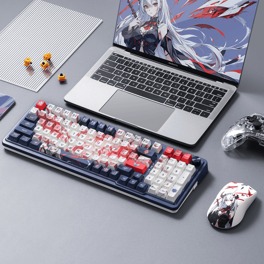 Redragon EU K686 Pro SE Keyboard in a Gaming Setup with Customizable RGB Lighting and Anime-Themed Design