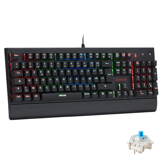The Redragon Manticore mechanical keyboard is shown with its multi-coloured RGB lighting, a built-in wrist rest and a detachable blue switch, demonstrating its modular design.