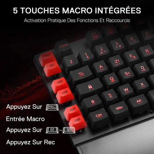 Redragon EU K505 Gaming Keyboard, French AZERTY, Rainbow Backlight, 26 Anti-Ghosting Keys, Wired Gaming Keyboard, Membrane Keyboard, 5 Key Macro Integration, Multimedia Shortcuts