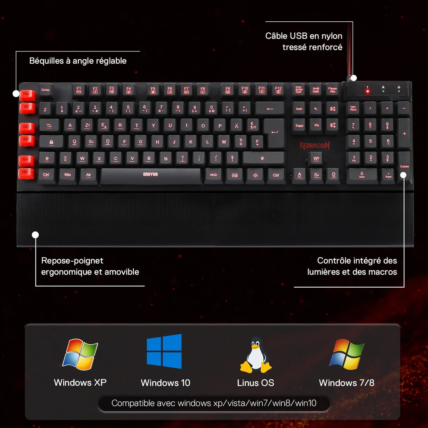 Redragon EU Mechanical keyboard with features highlighted on a dark background