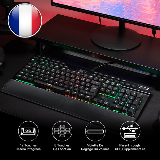 Redragon EU Gaming keyboard with RGB lighting on a desk setup, featuring a French flag icon.