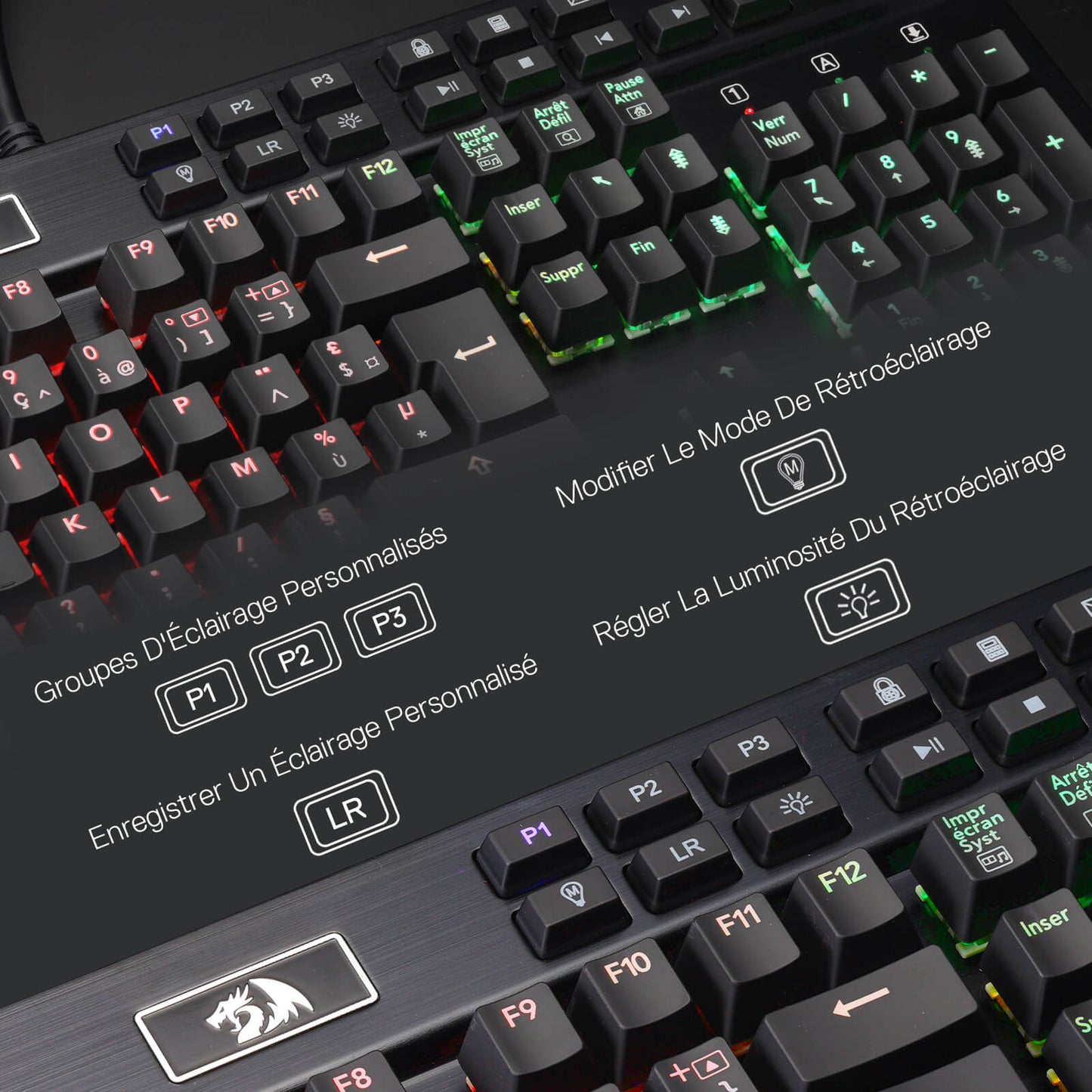 Close-up of a mechanical keyboard with customizable lighting options displayed, Redragon EU