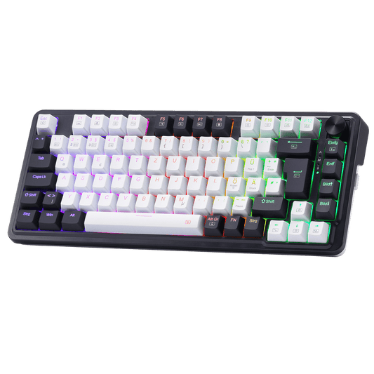 Redragon K673 PRO Kabellose QWERTZ DE Gaming-Tastatur, Gasket Struktur 75% kompaktes Design 82 Tasten Hot-Swap-Rote Schalter Mechanische Tastatur mit Knopf RGB-Beleuchtung, 2.4G/BT/Type-C Verbindungen