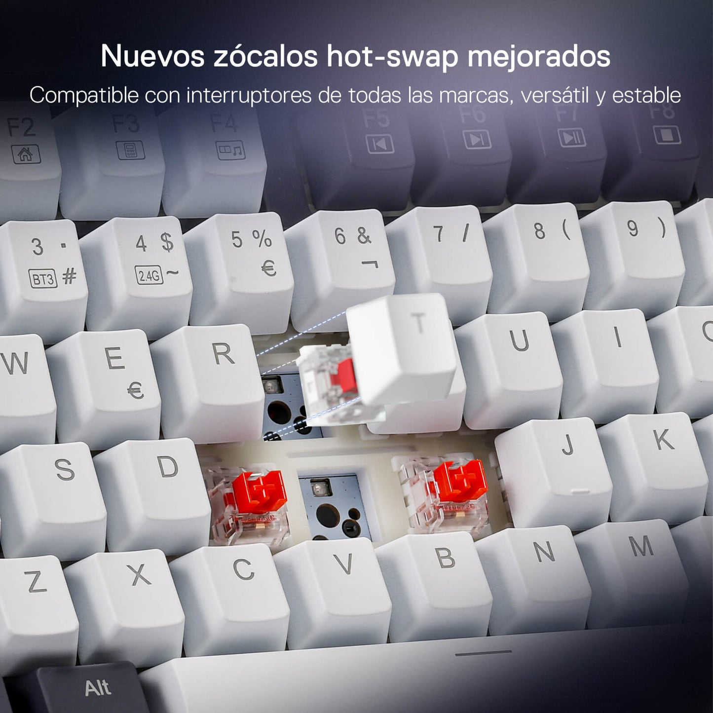 Redragon EU Close-up of a mechanical keyboard with hot-swap switches and text in Spanish.