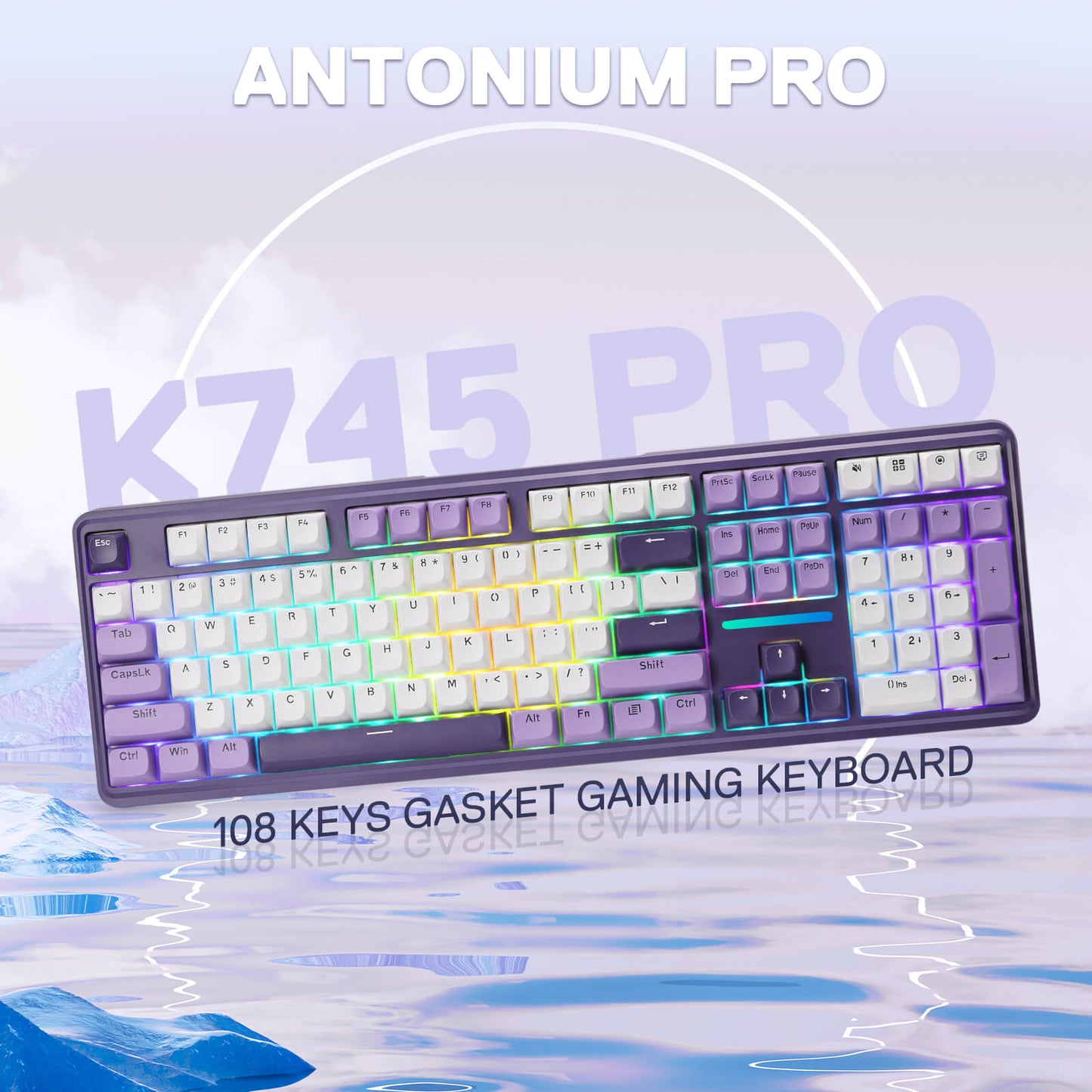 Redragon EU, Gaming keyboard with colorful backlighting on a light blue gradient background, featuring 'Antonium Pro' branding.