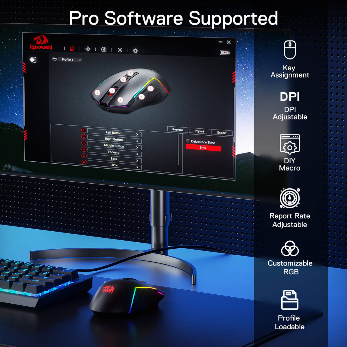Redragon EU M693 LIT Wireless Gaming Mouse, 12800 DPI Mice w/ 3-Mode Connection, BT & 2.4G Wireless, 7 Macro Buttons, Reliable Power Capacity for PC/Mac/Laptop