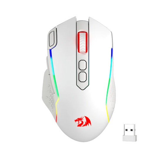 White gaming mouse with RGB lighting and a wireless receiver on a white background | show