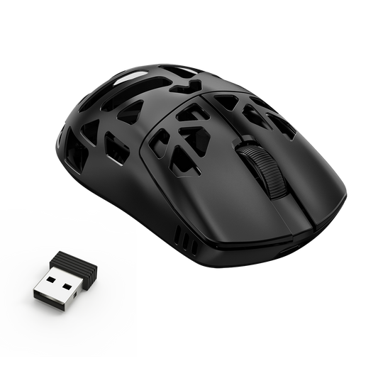 Black gaming mouse with USB receiver on a white background