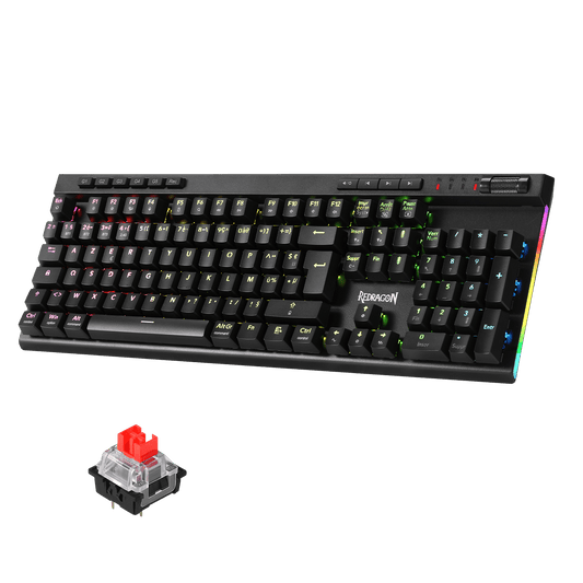 Clavier de jeu sans fil RGB Redragon K580 PRO, clavier mécanique à 104 touches avec 3 modes, connecteur Hot-Swap, commandes multimédia dédiées et enregistrement de macros intégré, commutateurs linéaires rouges