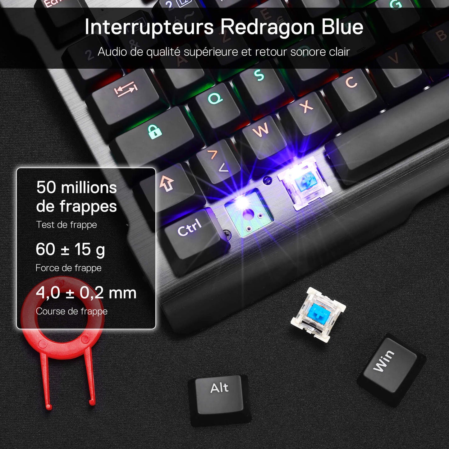 The Redragon blue switches are described in detail, with the following specifications: 50 million keystrokes, an actuation force of 60 ± 15 g and a key travel of 4.0 ± 0.2 mm, and come with a key puller.