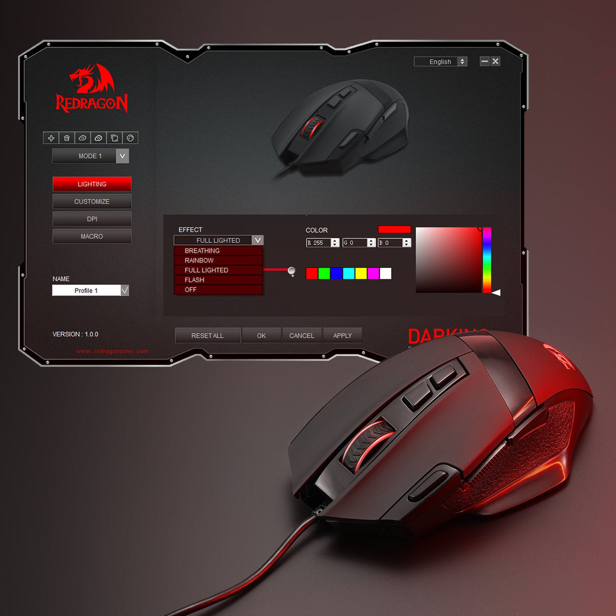 This image shows a Redragon EU gaming mouse (lit in red RGB) paired with its customization software interface, which allows adjusting lighting effects, colors, and other settings for personalized use.