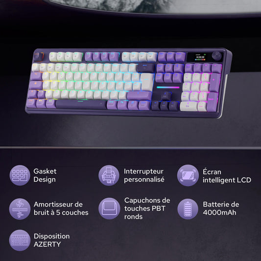 Mechanical keyboard with RGB lighting on a dark background, featuring text in French about keyboard features.