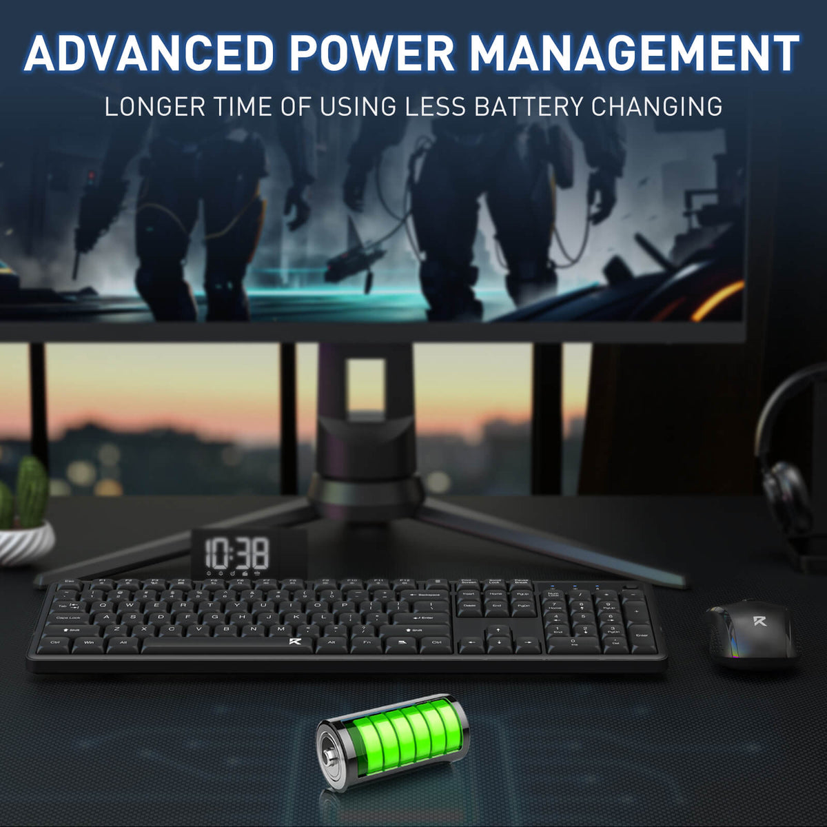 The set’s advanced power management is showcased, emphasizing longer battery life and reduced battery changes for extended use.
