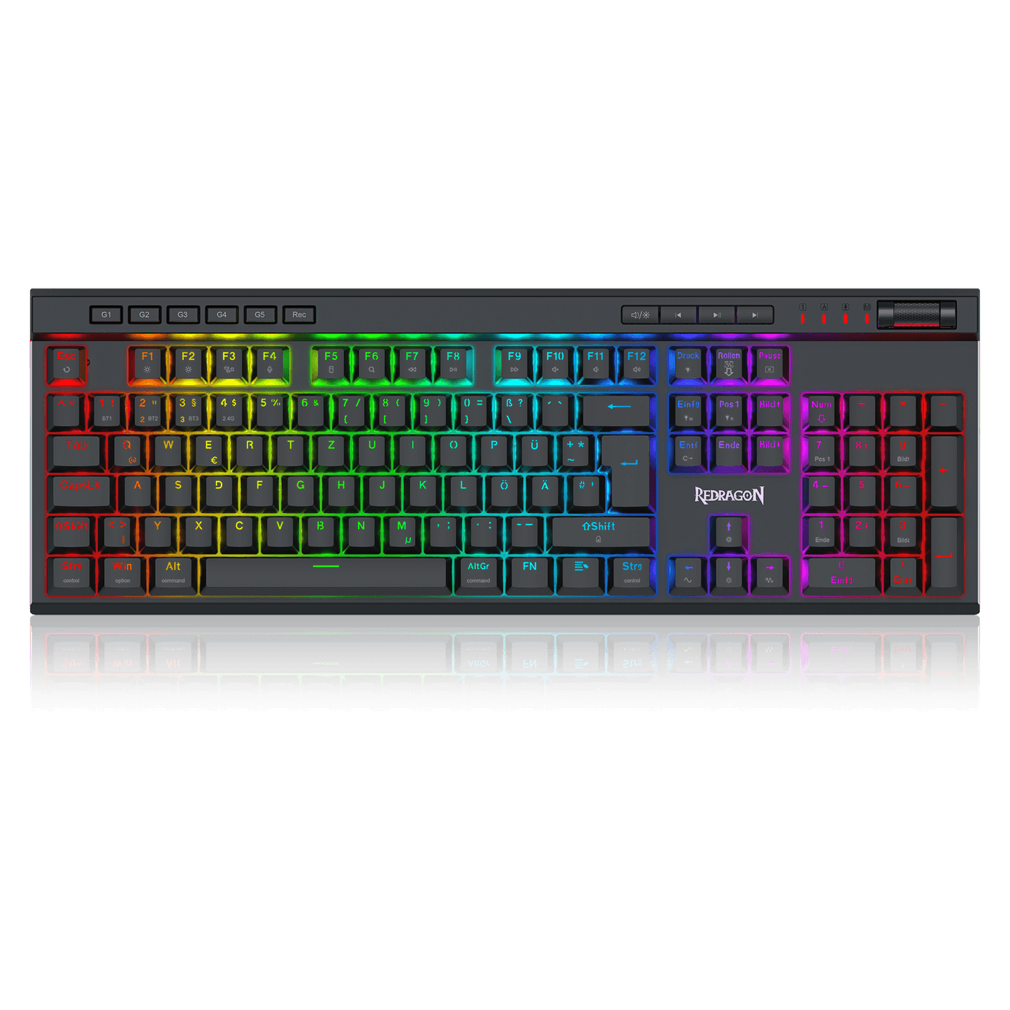 A full-sized mechanical gaming keyboard with a dark gray chassis and vibrant RGB backlighting that transitions through a full rainbow spectrum across the keys, shown against a solid black background. The brand name 'iMiceON' is visible on the spacebar area.