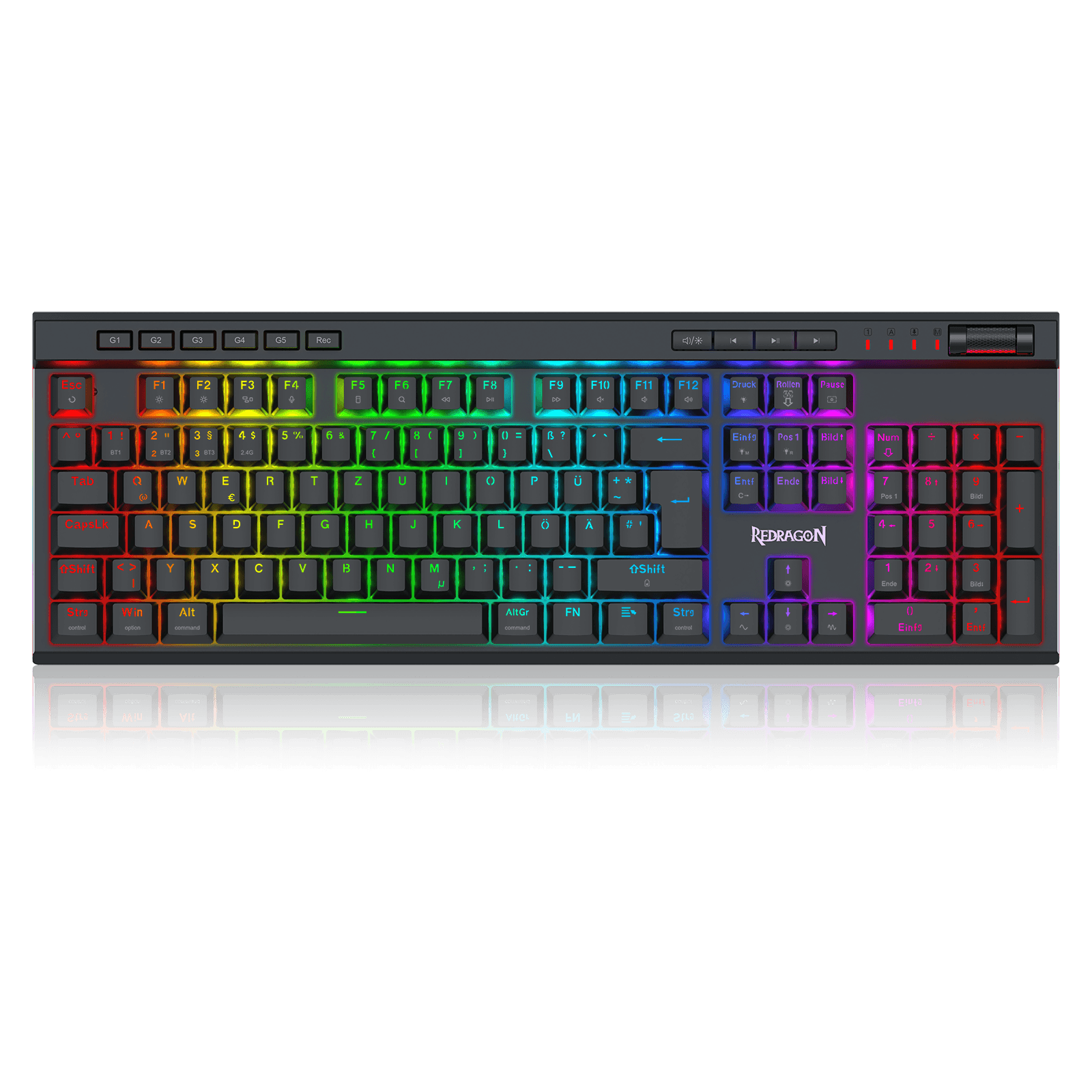 A full-sized mechanical gaming keyboard with a dark gray chassis and vibrant RGB backlighting that transitions through a full rainbow spectrum across the keys, shown against a solid black background. The brand name 'iMiceON' is visible on the spacebar area.