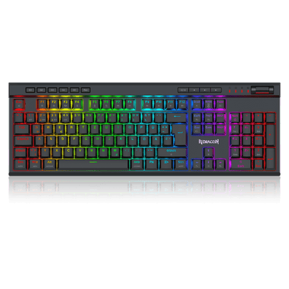 A full-sized mechanical gaming keyboard with a dark gray chassis and vibrant RGB backlighting that transitions through a full rainbow spectrum across the keys, shown against a solid black background. The brand name 'iMiceON' is visible on the spacebar area.