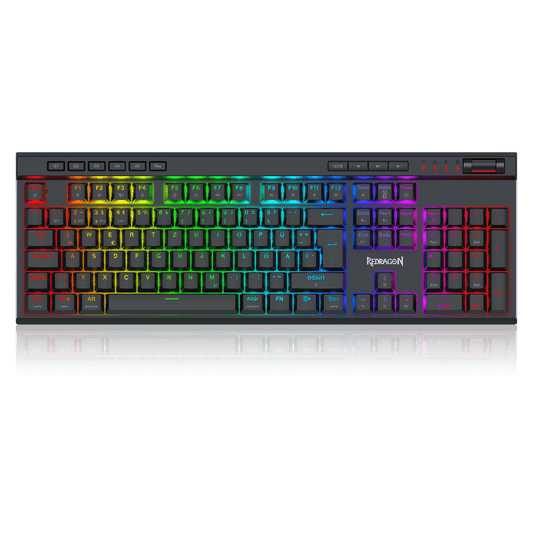 A full-sized mechanical gaming keyboard with a dark gray chassis and vibrant RGB backlighting that transitions through a full rainbow spectrum across the keys, shown against a solid black background. The brand name 'iMiceON' is visible on the spacebar area.
