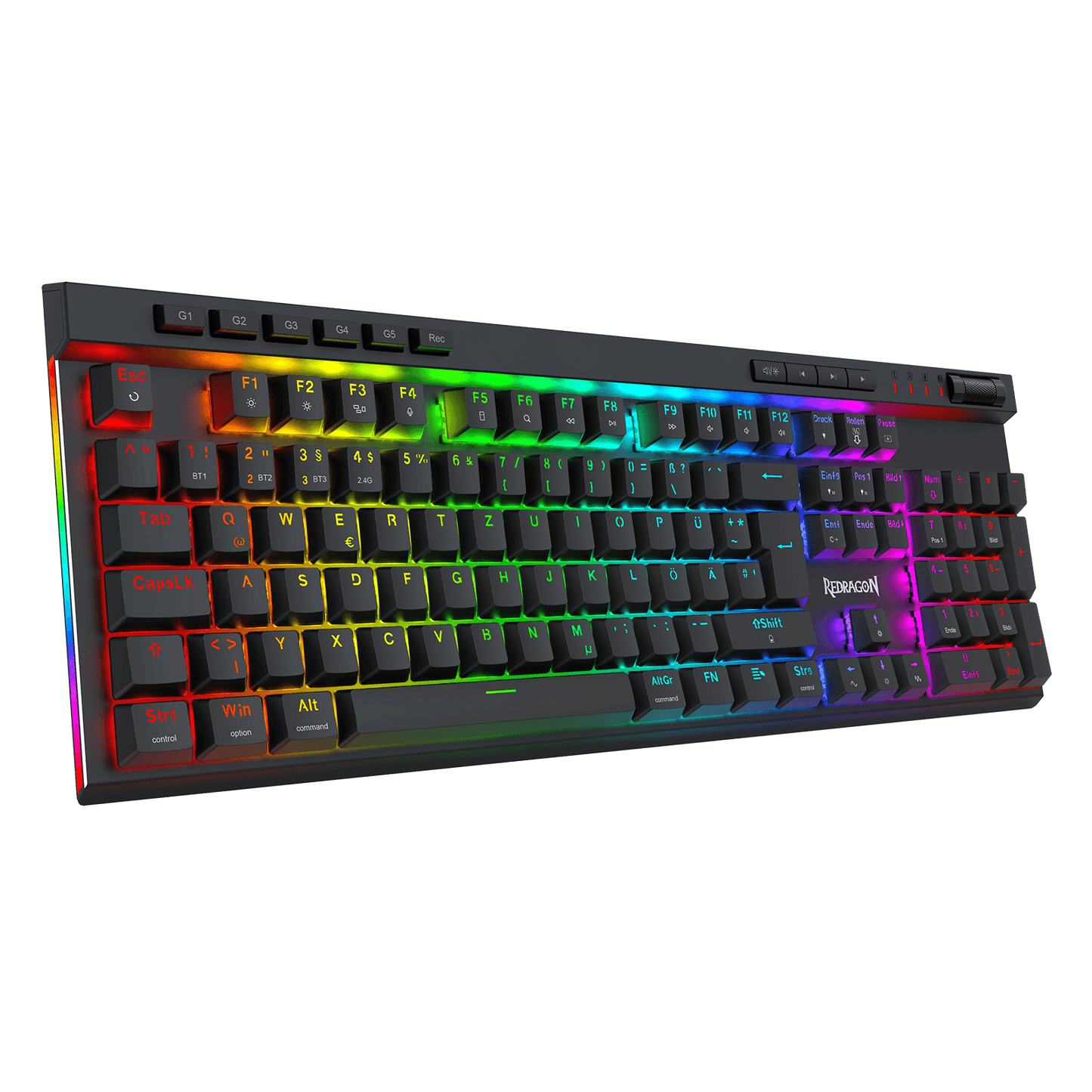 Redragon K580 PRO kabellose RGB-Gaming-Tastatur, Makro-G-Tasten und Medienrad | 0-Delay-Tri-Mode, 5 integrierte Kombinations-Tasten, geeignet für MMO- und MOBA-Spiele, 0-Delay-Tri-Mode für mehrere Geräte, austauschbarer Steckplatz