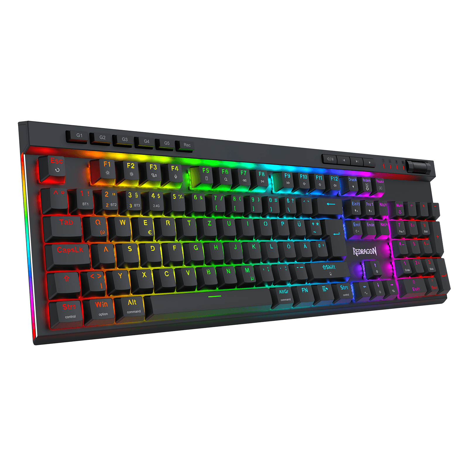 Redragon K580 PRO kabellose RGB-Gaming-Tastatur, Makro-G-Tasten und Medienrad | 0-Delay-Tri-Mode, 5 integrierte Kombinations-Tasten, geeignet für MMO- und MOBA-Spiele, 0-Delay-Tri-Mode für mehrere Geräte, austauschbarer Steckplatz