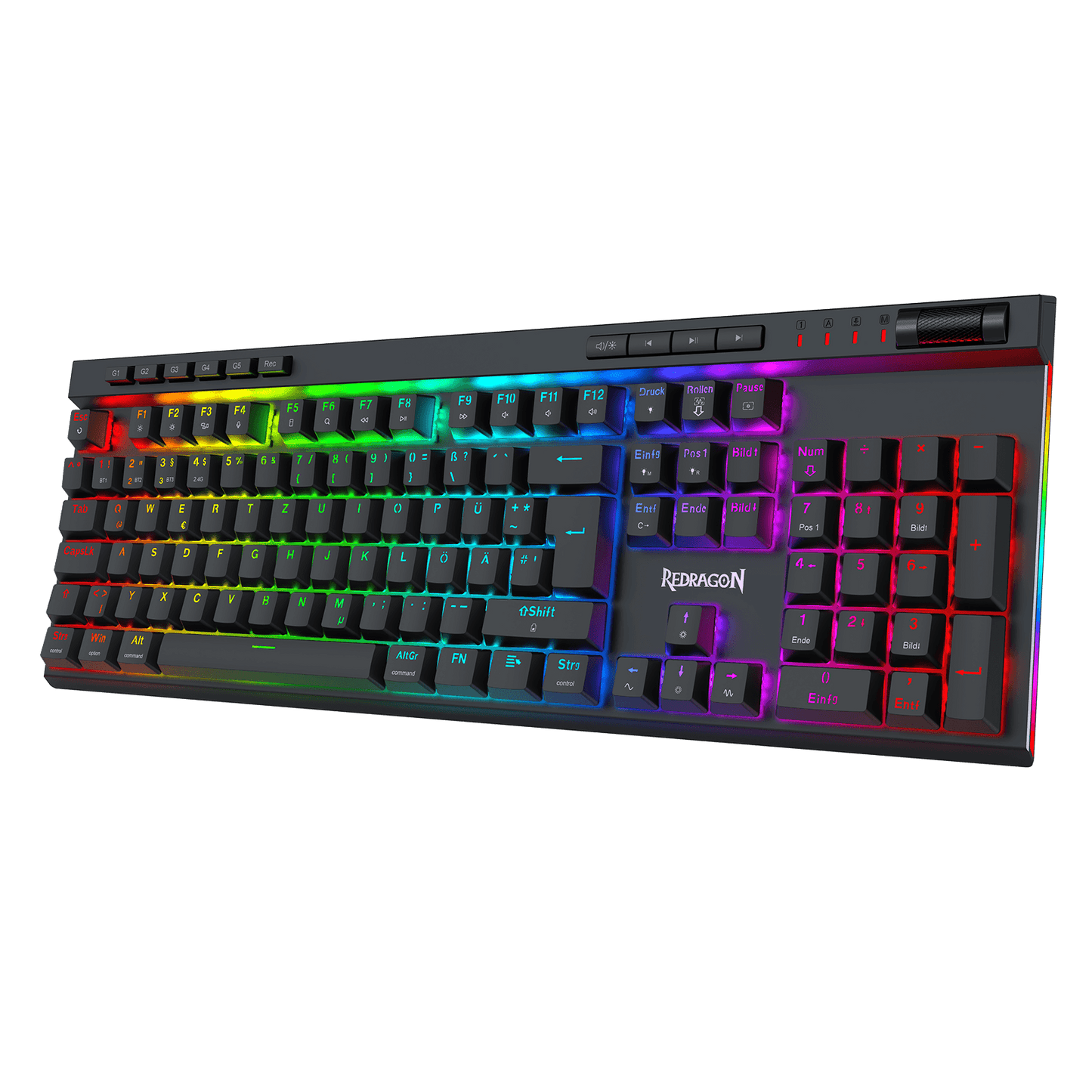 Redragon K580 PRO kabellose RGB-Gaming-Tastatur, Makro-G-Tasten und Medienrad | 0-Delay-Tri-Mode, 5 integrierte Kombinations-Tasten, bereit für MMO- und MOBA-Spiele, 0-Delay-Tri-Mode für mehrere Geräte, austauschbarer Steckplatz