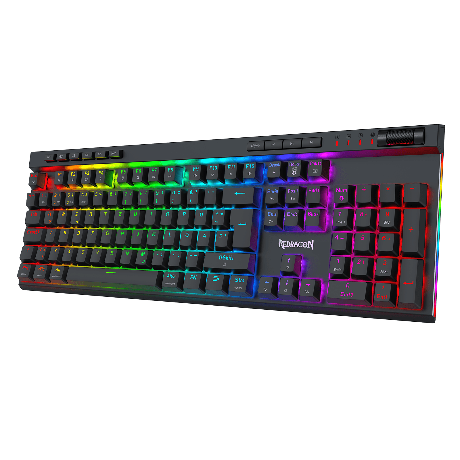 Redragon K580 PRO kabellose RGB-Gaming-Tastatur, Makro-G-Tasten und Medienrad | 0-Delay-Tri-Mode, 5 integrierte Kombinations-Tasten, bereit für MMO- und MOBA-Spiele, 0-Delay-Tri-Mode für mehrere Geräte, austauschbarer Steckplatz