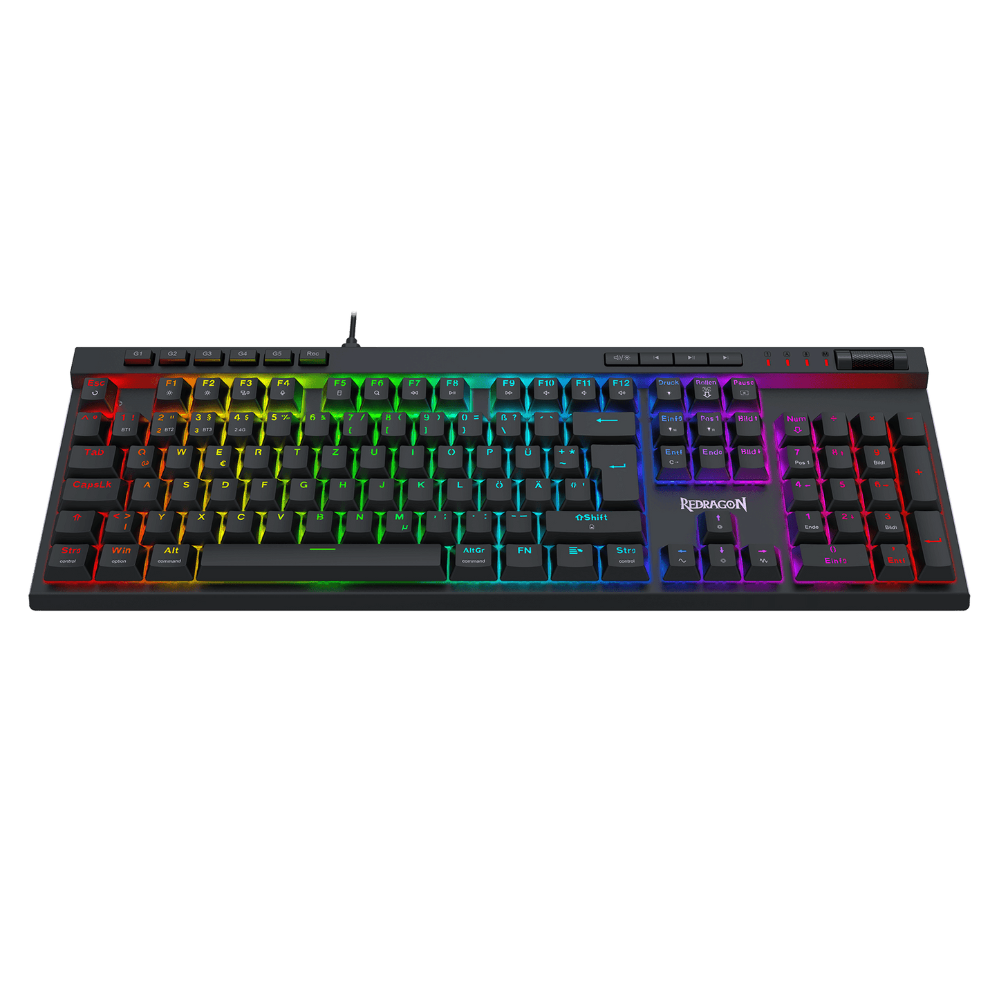 Eine mechanische Gaming-Tastatur in Standardgröße mit schwarzen Tastenkappen und lebhafter RGB-Regenbogen-Hintergrundbeleuchtung, abgebildet vor einem einfarbigen schwarzen Hintergrund. Im Bereich der Leertaste ist der Markenname „TUXEMOTION“ zu sehen.