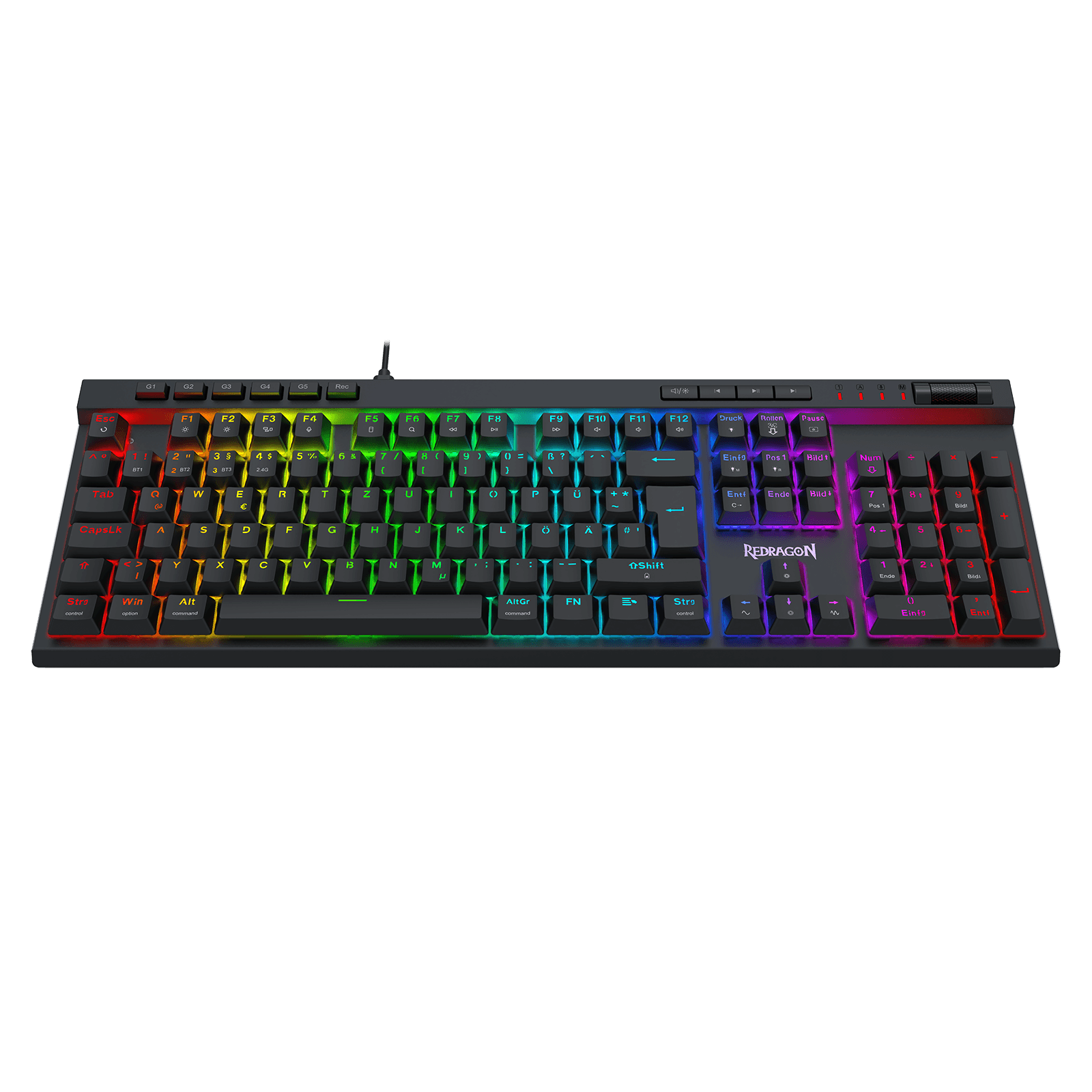 Eine mechanische Gaming-Tastatur in Standardgröße mit schwarzen Tastenkappen und lebhafter RGB-Regenbogen-Hintergrundbeleuchtung, abgebildet vor einem einfarbigen schwarzen Hintergrund. Im Bereich der Leertaste ist der Markenname „TUXEMOTION“ zu sehen.