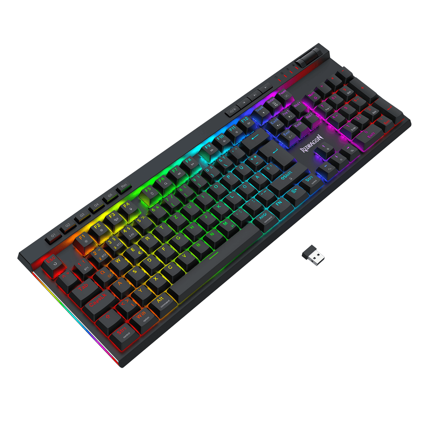 Eine mechanische Gaming-Tastatur in Standardgröße mit schwarzen Tastenkappen und lebhafter RGB-Regenbogen-Hintergrundbeleuchtung, abgebildet vor einem einfarbigen schwarzen Hintergrund. Im Bereich der Leertaste ist der Markenname „TUXEMOTION“ zu sehen.