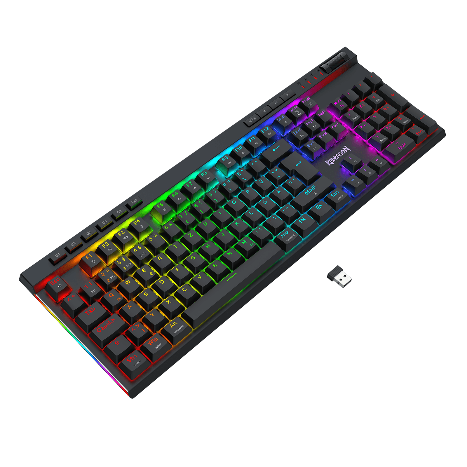 Eine mechanische Gaming-Tastatur in Standardgröße mit schwarzen Tastenkappen und lebhafter RGB-Regenbogen-Hintergrundbeleuchtung, abgebildet vor einem einfarbigen schwarzen Hintergrund. Im Bereich der Leertaste ist der Markenname „TUXEMOTION“ zu sehen.