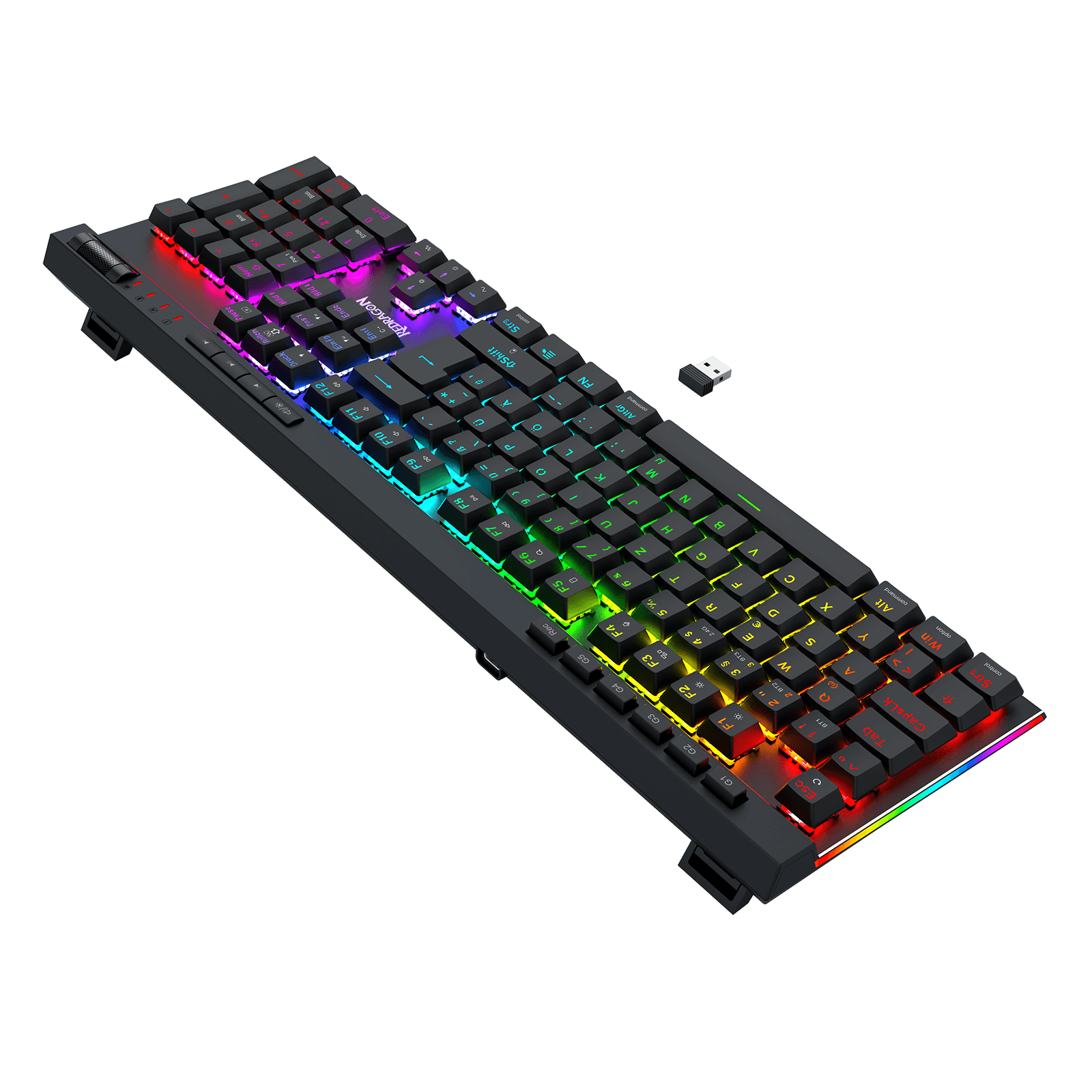 Eine mechanische Gaming-Tastatur in Standardgröße mit schwarzen Tastenkappen und lebhafter RGB-Regenbogen-Hintergrundbeleuchtung, abgebildet vor einem einfarbigen schwarzen Hintergrund. Im Bereich der Leertaste ist der Markenname „TUXEMOTION“ zu sehen.