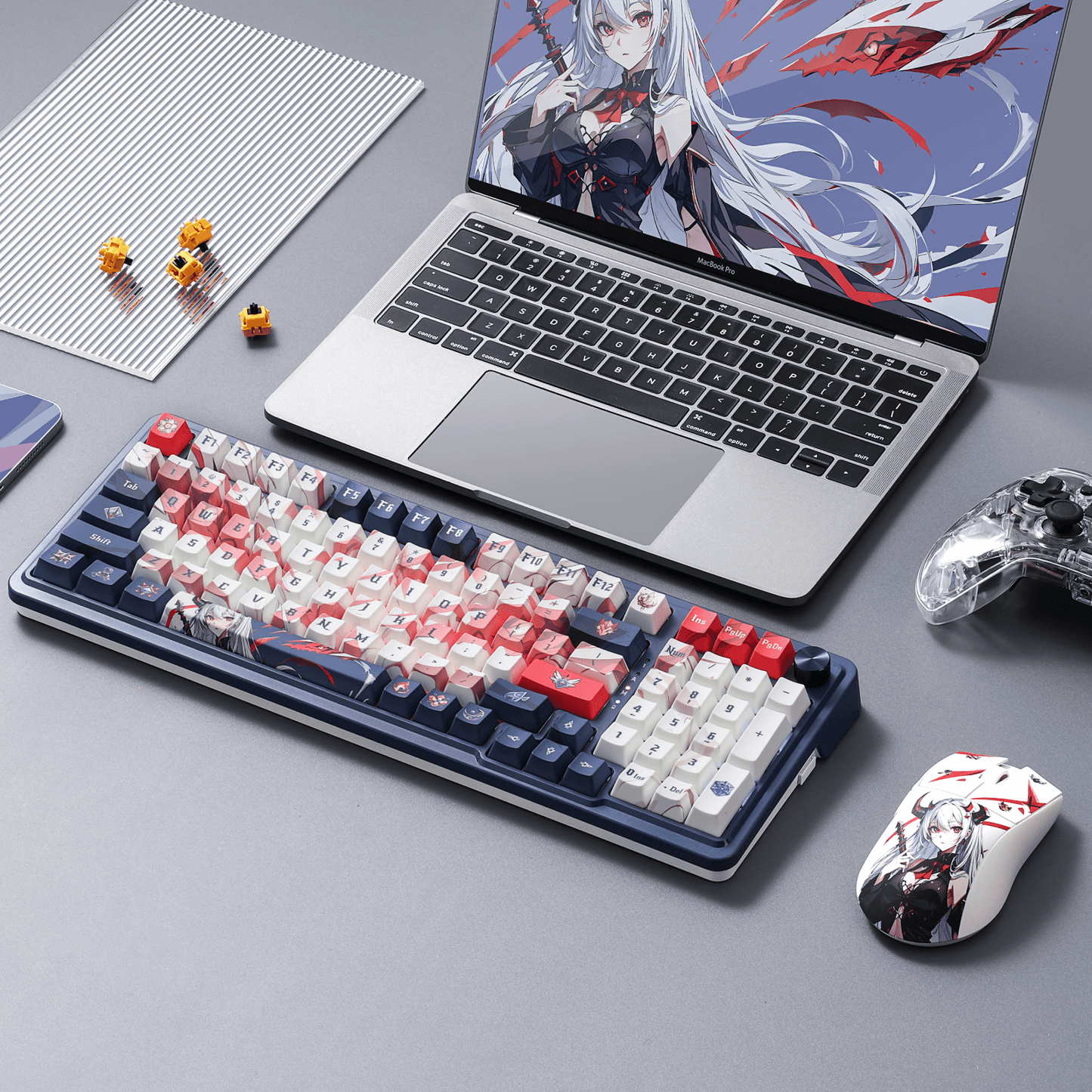 Redragon EU K686 Pro SE Keyboard in a Gaming Setup with Customizable RGB Lighting and Anime-Themed Design