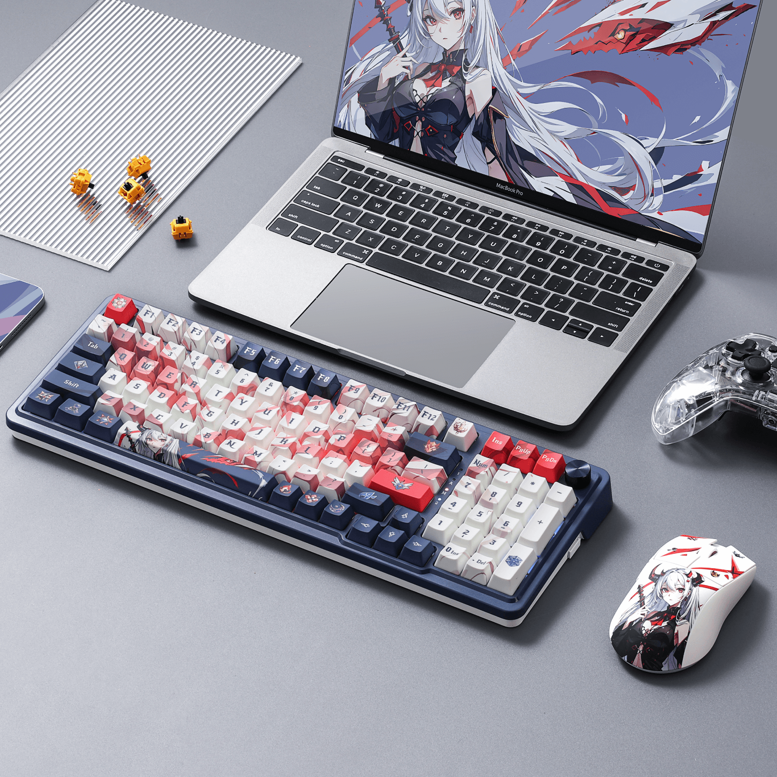 Redragon EU K686 Pro SE Keyboard in a Gaming Setup with Customizable RGB Lighting and Anime-Themed Design