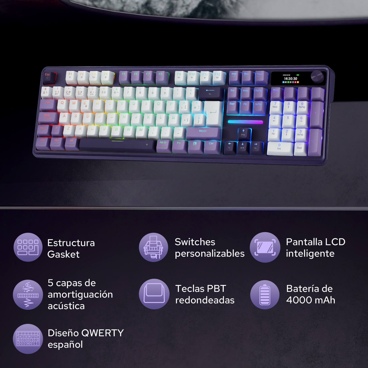 Teclado inalámbrico para juegos Redragon K762 PRO de 104 teclas con junta de goma, pantalla y mando giratorio | Pantalla LED de información de fácil control, modo triple sin retardo, amortiguación de ruido de 5 capas para un sonido suave y contundente, tamaño completo de 104 teclas, distribución QWERTY