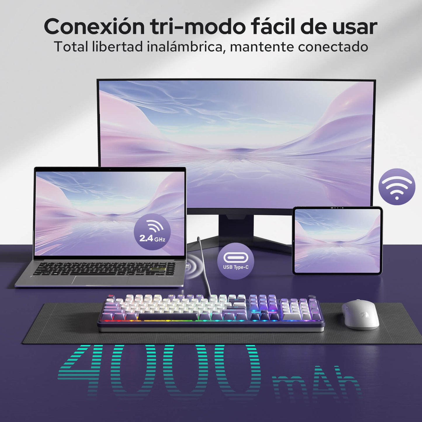 Teclado inalámbrico para juegos Redragon K762 PRO de 104 teclas con diseño de junta, tres modos de funcionamiento y sin retardo