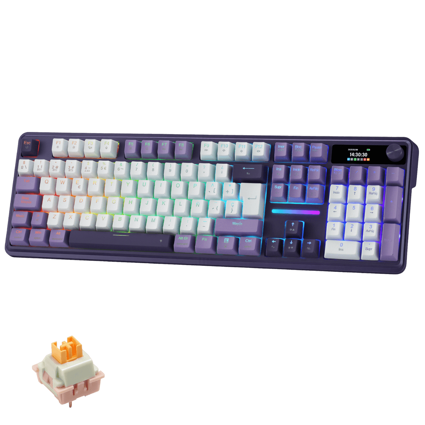 

Teclado inalámbrico para juegos Redragon K762 PRO de 104 teclas con junta de goma, pantalla y mando giratorio | Pantalla LED de información de fácil control, modo triple sin retardo, amortiguación de ruido de 5 capas para un sonido suave y contundente, tamaño completo de 104 teclas