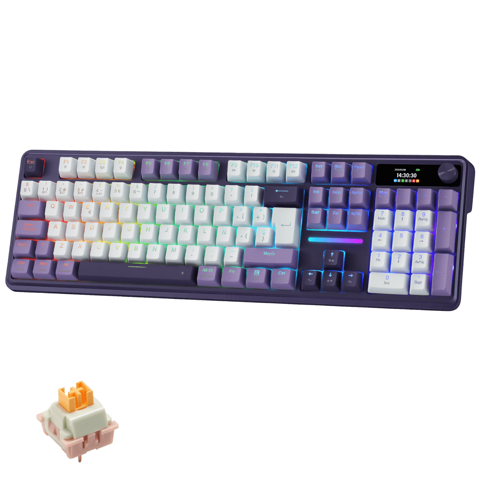 

Teclado inalámbrico para juegos Redragon K762 PRO de 104 teclas con junta de goma, pantalla y mando giratorio | Pantalla LED de información de fácil control, modo triple sin retardo, amortiguación de ruido de 5 capas para un sonido suave y contundente, tamaño completo de 104 teclas