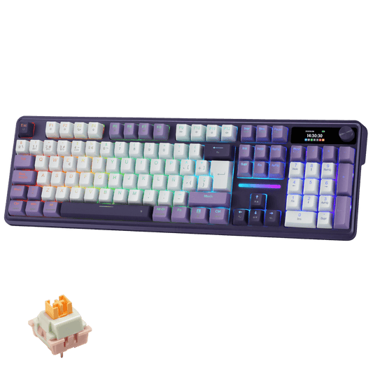 

Teclado inalámbrico para juegos Redragon K762 PRO de 104 teclas con junta de goma, pantalla y mando giratorio | Pantalla LED de información de fácil control, modo triple sin retardo, amortiguación de ruido de 5 capas para un sonido suave y contundente, tamaño completo de 104 teclas