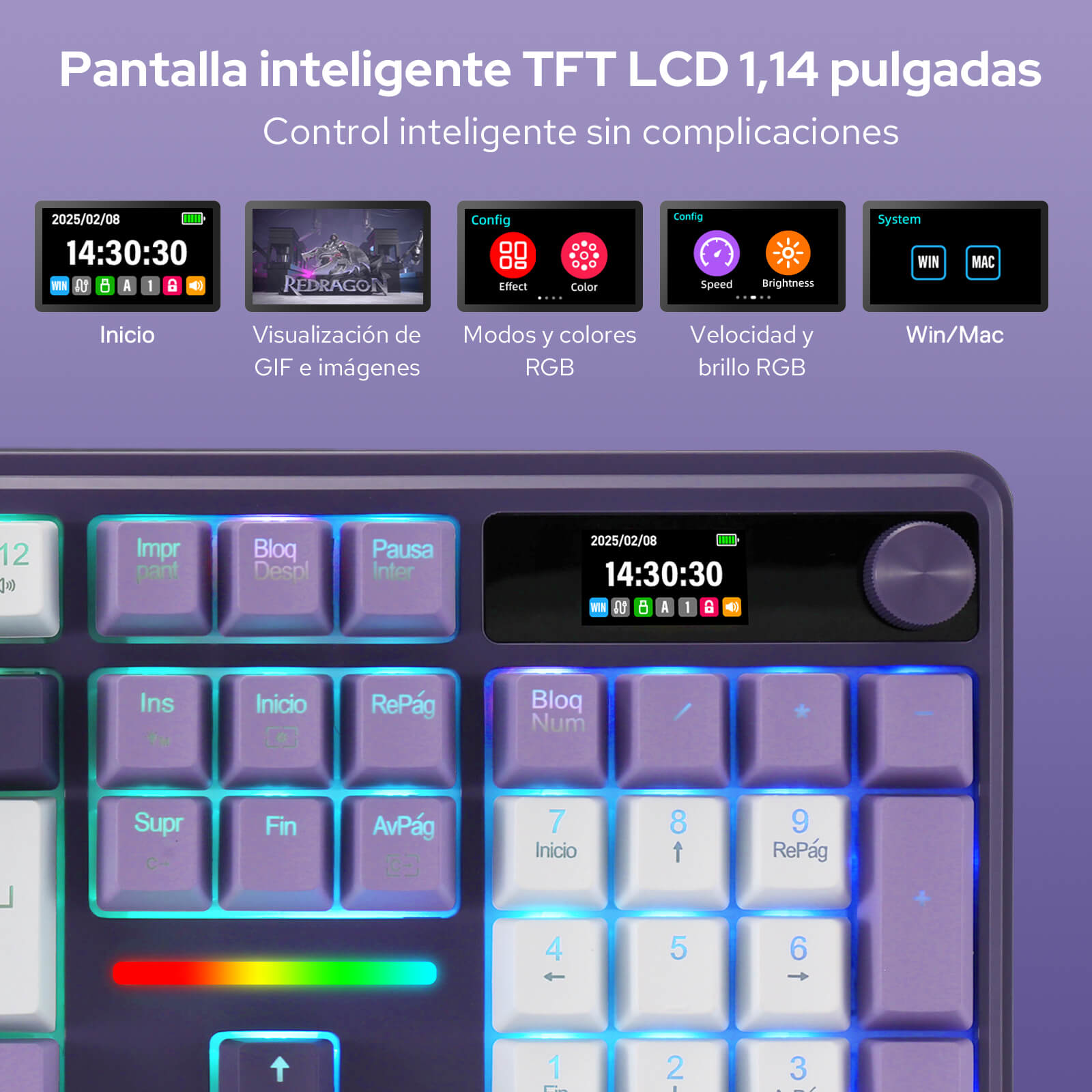Teclado inalámbrico para juegos Redragon K762 PRO de 104 teclas con diseño «Gasket», pantalla y mando | Pantalla LED informativa de fácil control