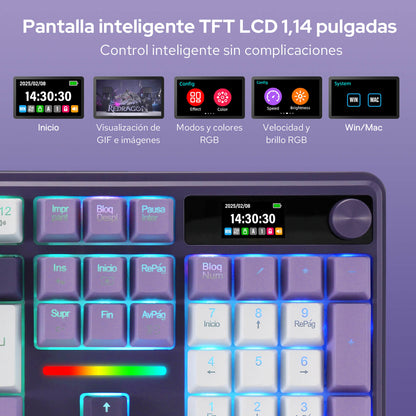 Teclado inalámbrico para juegos Redragon K762 PRO de 104 teclas con diseño «Gasket», pantalla y mando | Pantalla LED informativa de fácil control