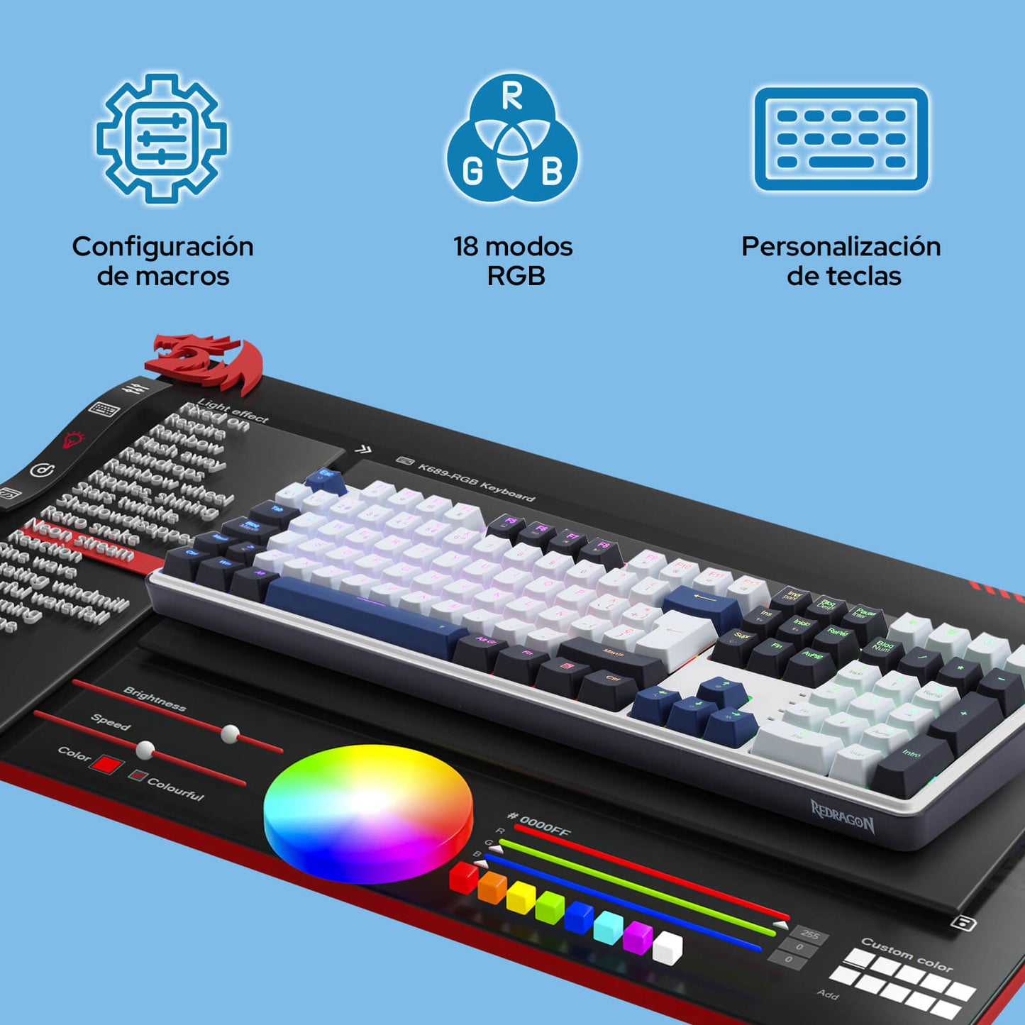 Teclado para juegos Redragon K689 con 108 teclas, conexión por cable, RGB y función «hot-swap», software PRO