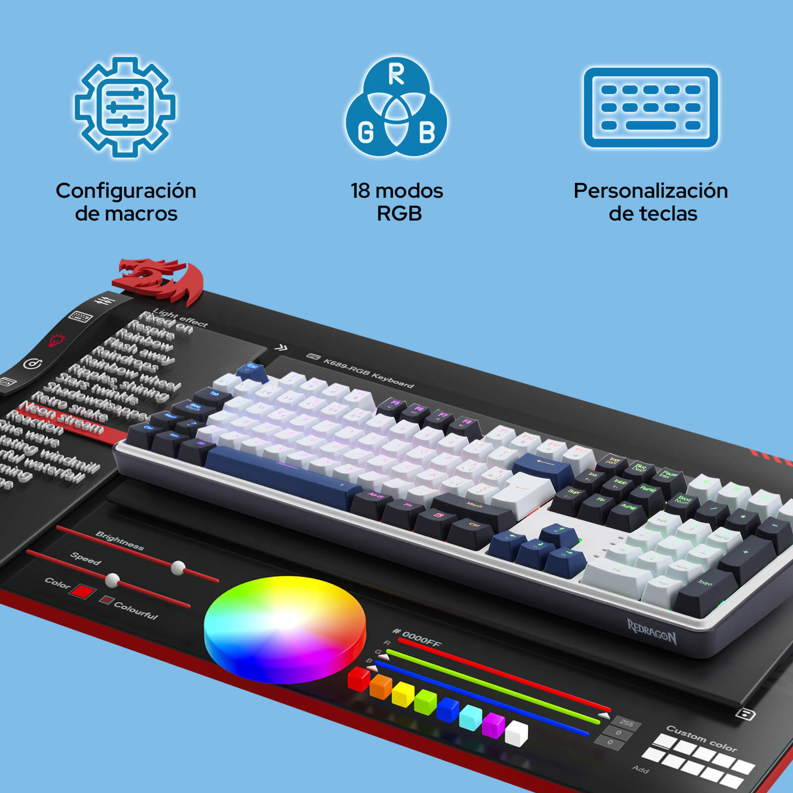 Teclado para juegos Redragon K689 con 108 teclas, conexión por cable, RGB y función «hot-swap», software PRO