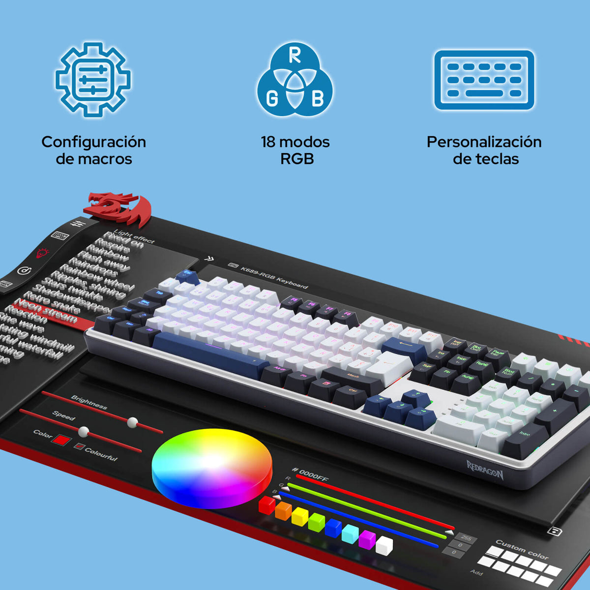 Teclado para juegos Redragon EU K689 con diseño QWERTY, conexión por cable, retroiluminación RGB, 104 teclas + 4 teclas de acceso rápido adicionales; teclado mecánico con zócalo mejorable intercambiable en caliente, amortiguación del ruido de 5 capas, teclas de colores variados e interruptores lineales personaliz