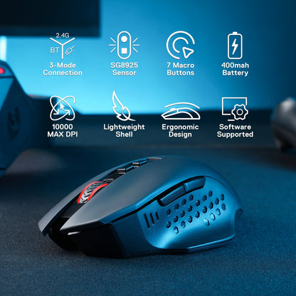 A black gaming mouse is displayed with icons listing its key features: 3-mode connection, SG8925 sensor, 7 macro buttons, 400mAh battery, 10000 DPI, lightweight shell, ergonomic design, and software support, Redragon EU