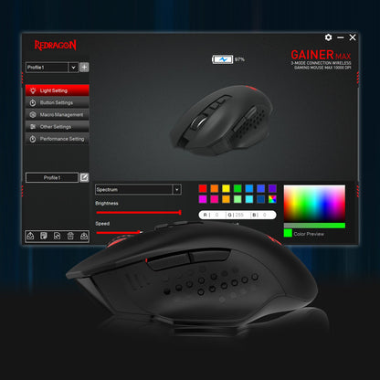 The Redragon software interface for the mouse is shown, enabling customization of lighting, buttons, macros, and performance settings, Redragon EU