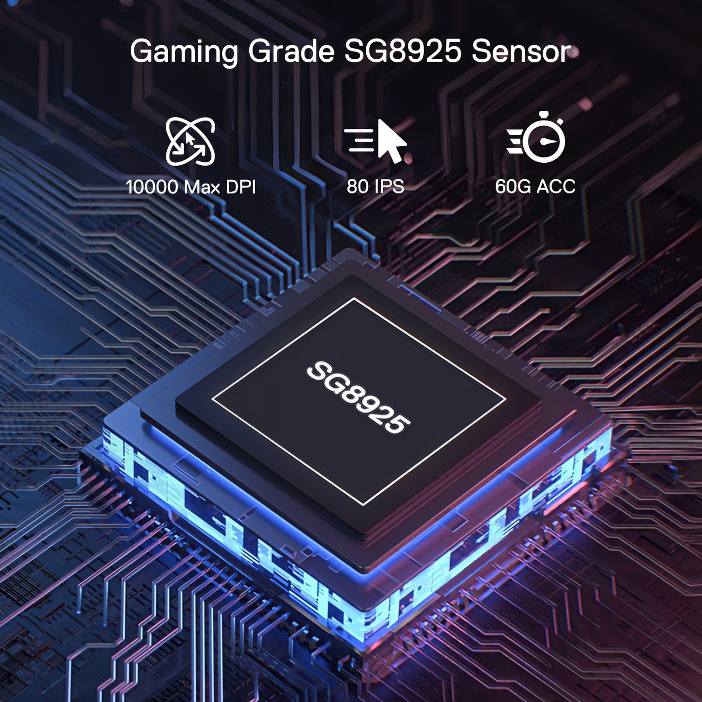 The mouse’s gaming-grade SG8925 sensor is highlighted, with specs: 10000 max DPI, 80 IPS, and 60G acceleration, displayed against a circuit board backdrop, Redragon EU