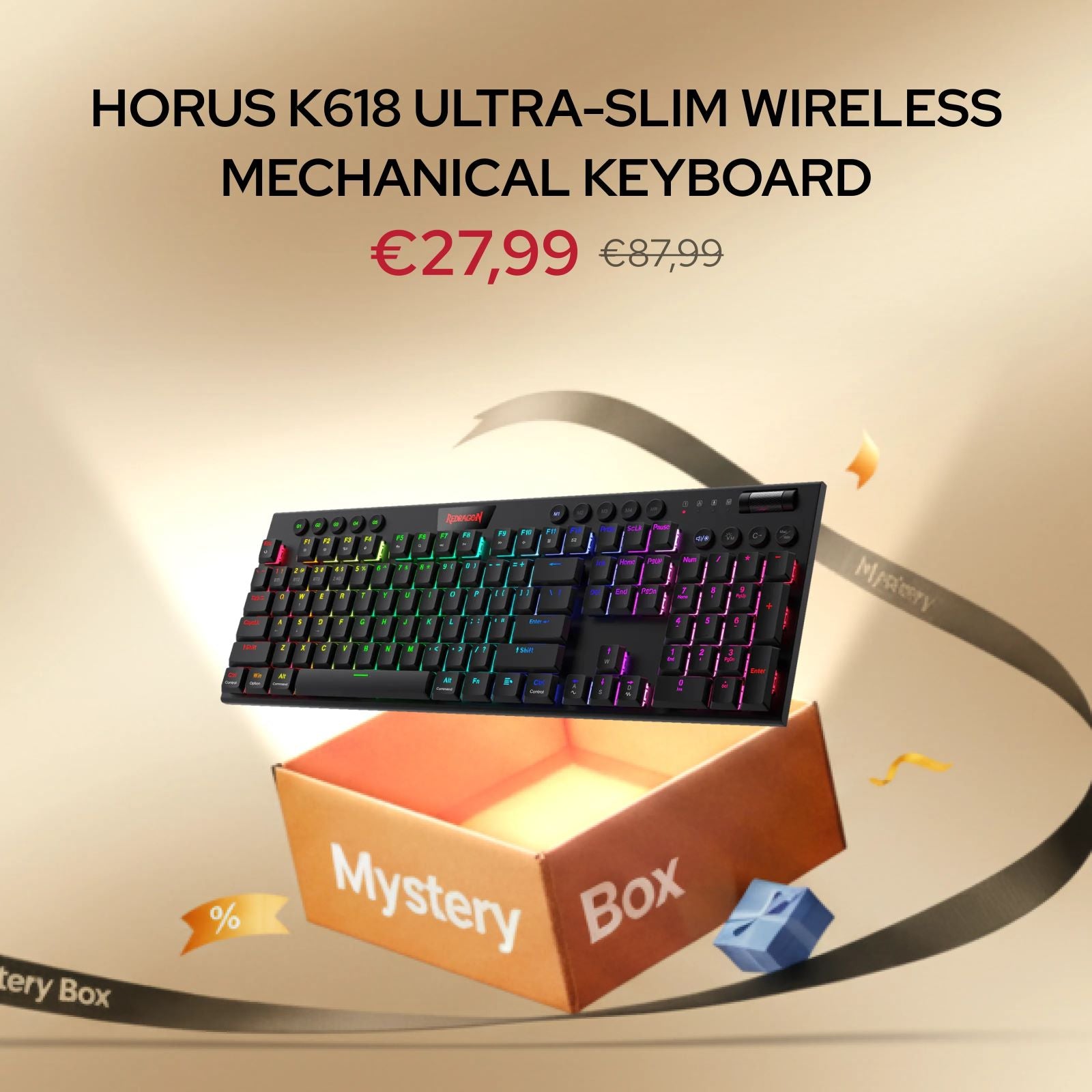 Horus K618 ultra-slim wireless mechanical keyboard with a 'Mystery Box' on a beige background.