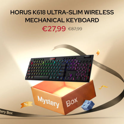 Horus K618 ultra-slim wireless mechanical keyboard with a 'Mystery Box' on a beige background.