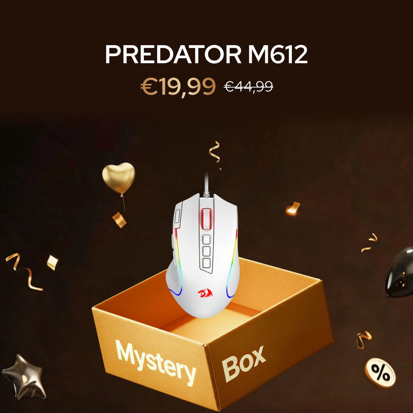Gaming mouse in a 'Mystery Box' with pricing and decorative elements on a dark background