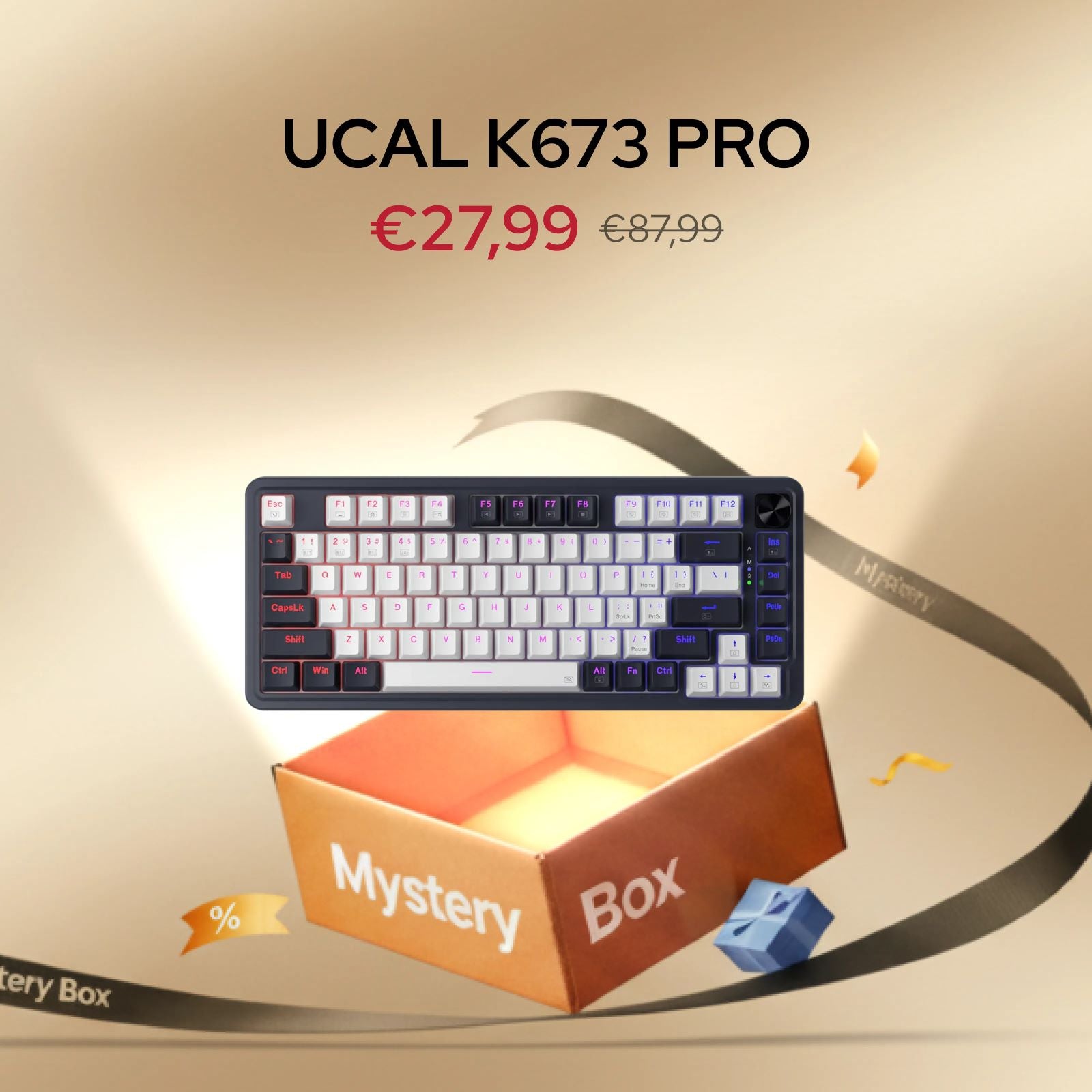 Mechanical keyboard in a 'Mystery Box' with pricing information on a beige background